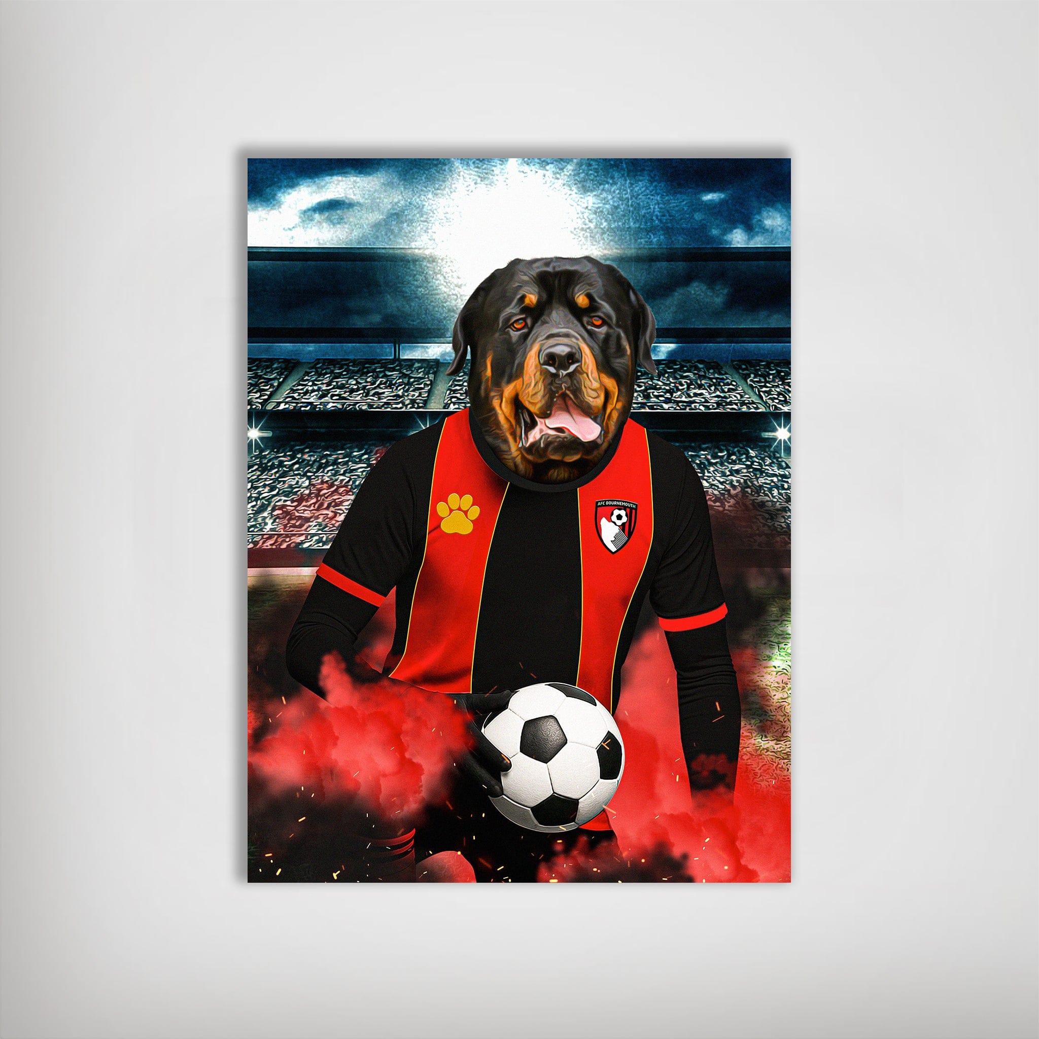 Personalized Rottweiler dog poster in a red and black Bournemouth football kit holding a soccer ball.