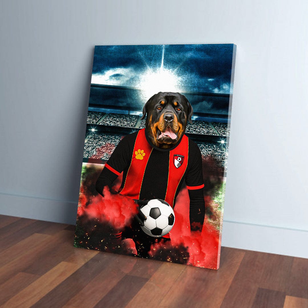 Personalized pet canvas featuring a Rottweiler in a red and black Bournemouth football kit with a soccer ball.