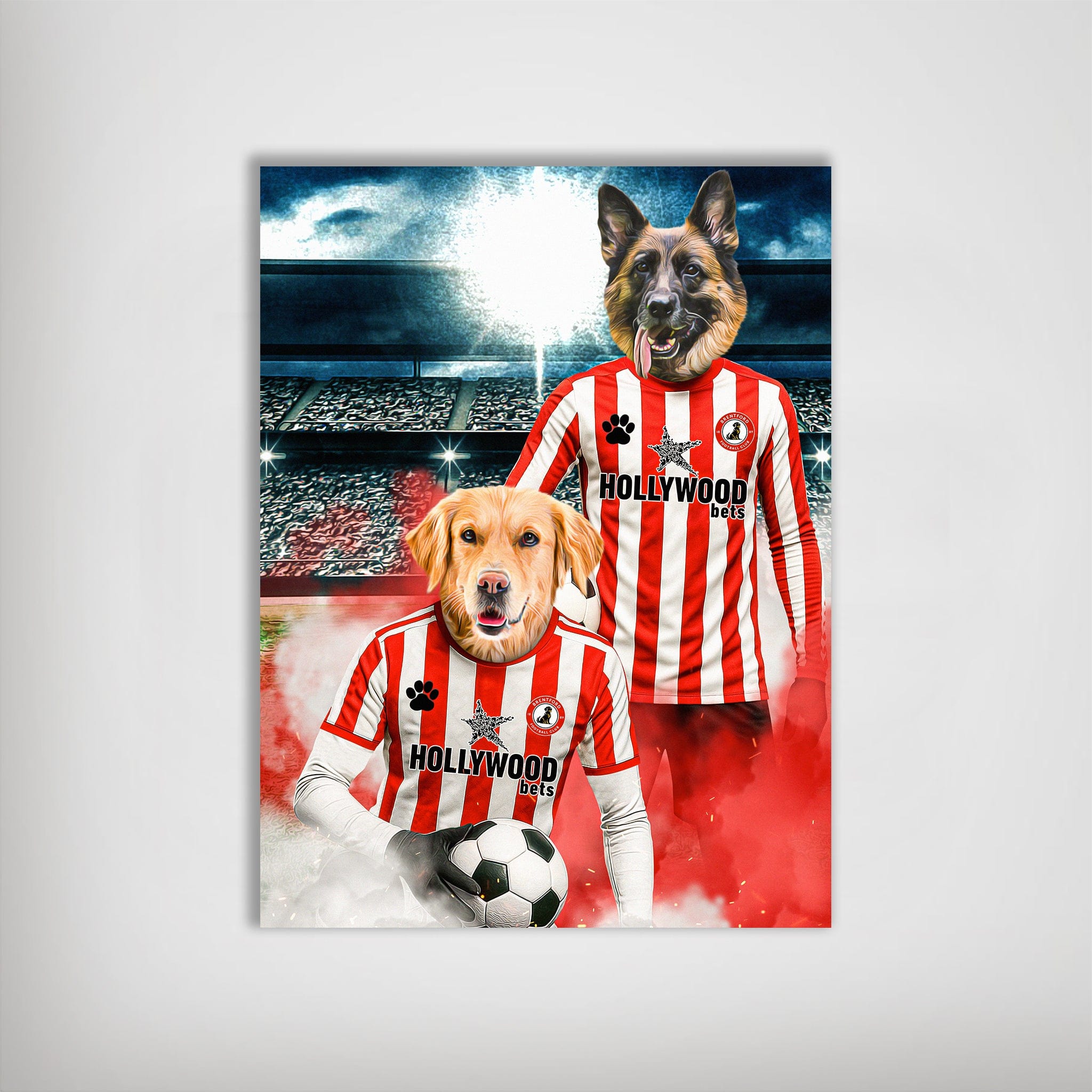 Personalized poster featuring a German Shepherd and Golden Retriever in red and white football jerseys.