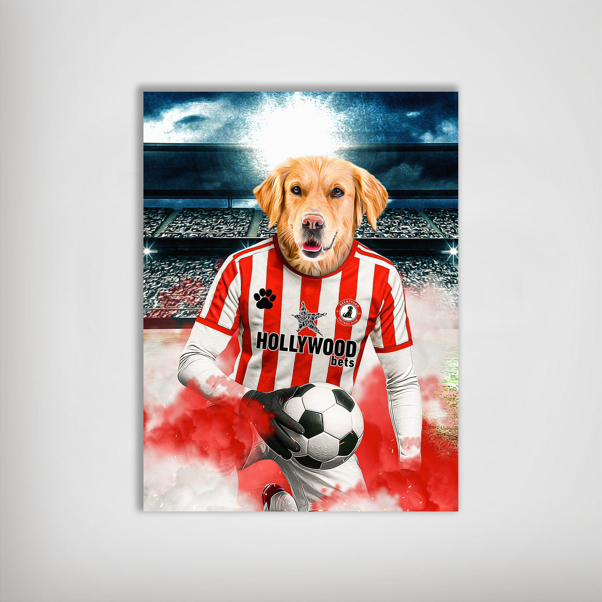 Personalized golden retriever dog in a red and white striped football kit holding a soccer ball on a stadium poster.