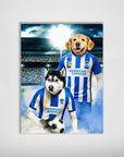 Personalized Brighton Doggos Football poster featuring a golden retriever and husky in blue and white striped jerseys.