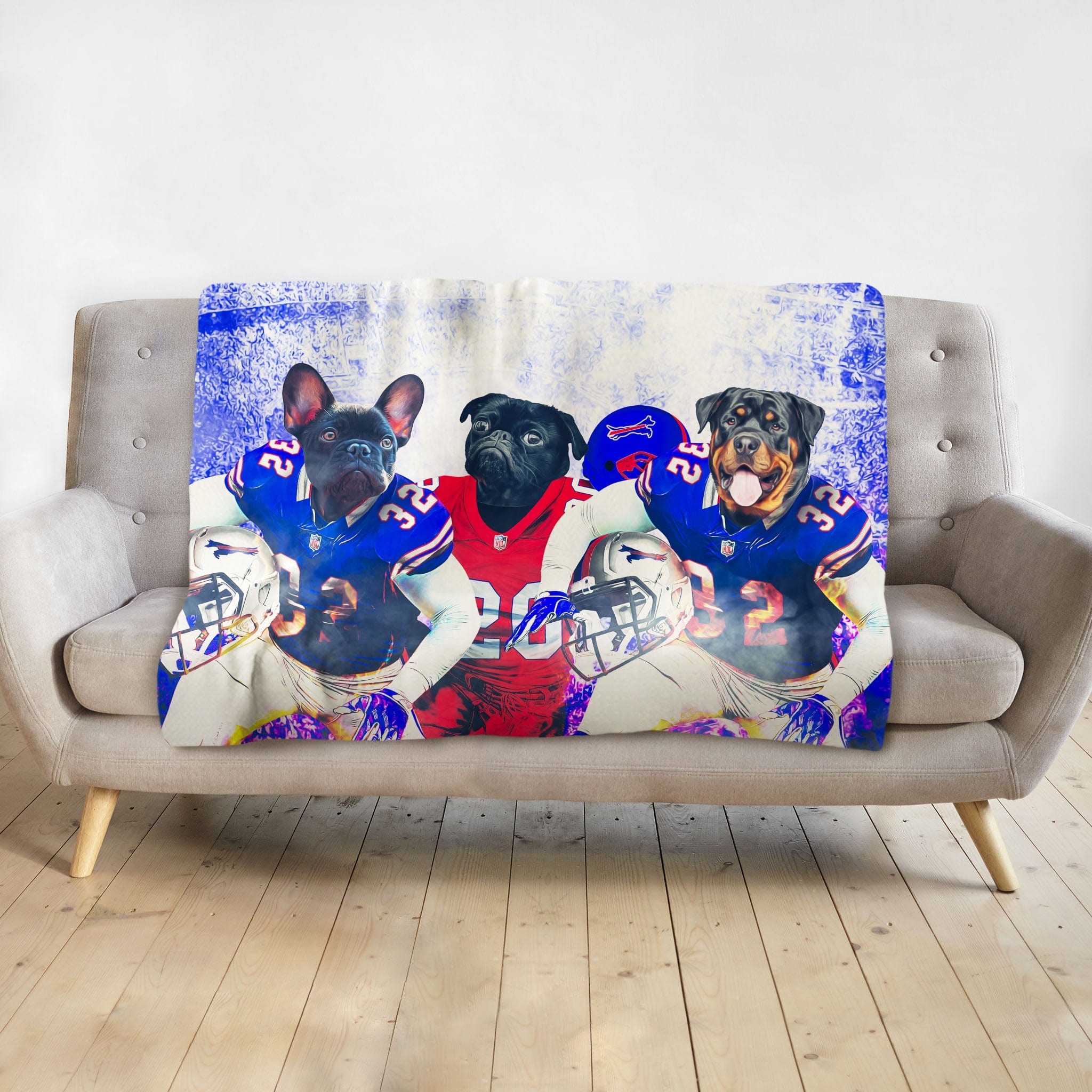 Personalized blanket with three dogs in custom Buffalo Doggos football portraits.