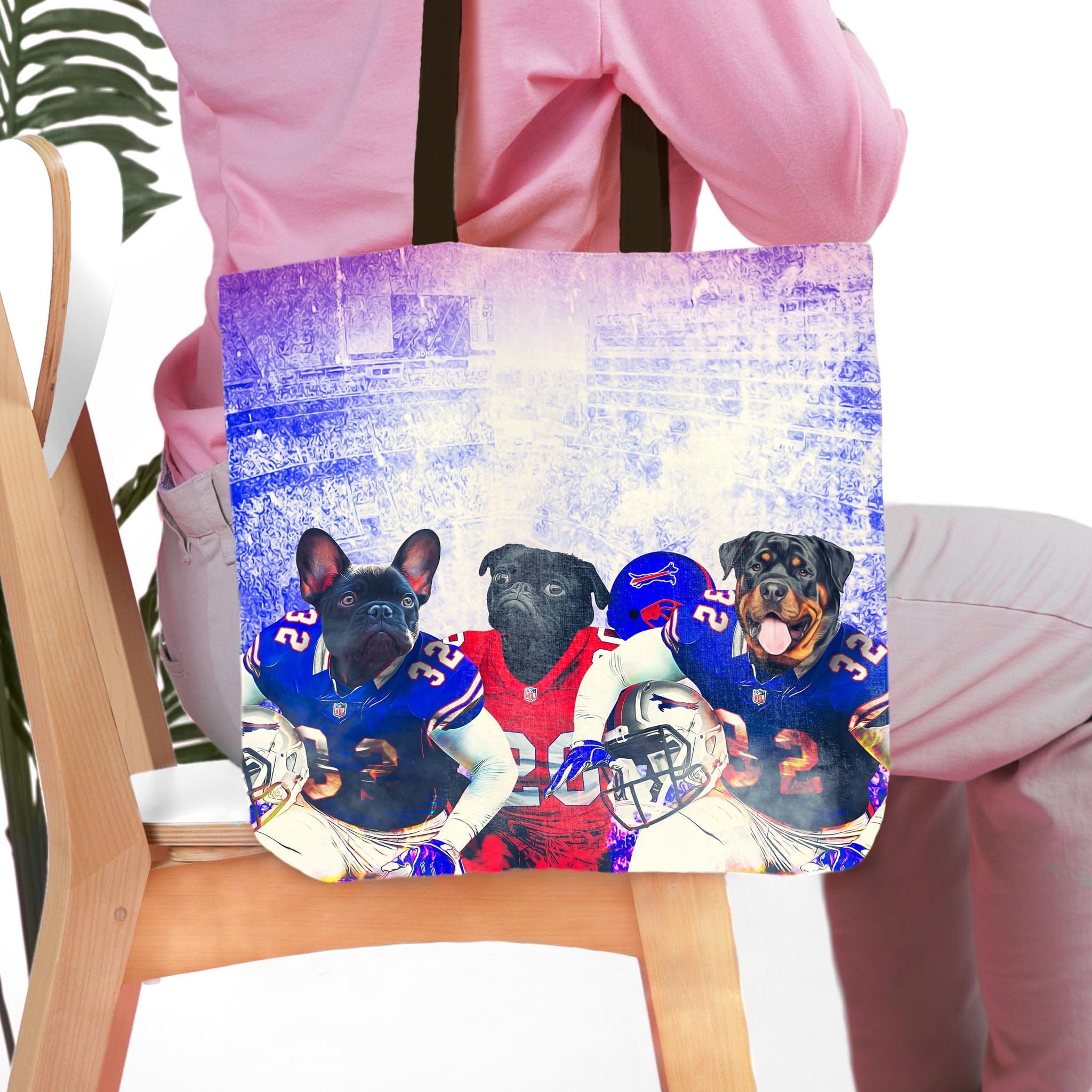 Personalized 3-pet tote bag featuring dogs in Buffalo Bills football uniforms.