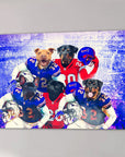 Custom canvas of five pets as football players in blue and red jerseys on a vibrant stadium background.