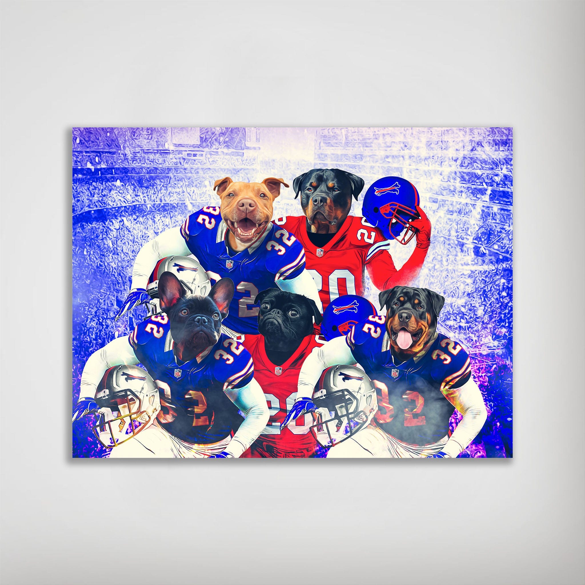 Personalized 'Buffalo Doggos' poster featuring five pets in blue and red football jerseys.