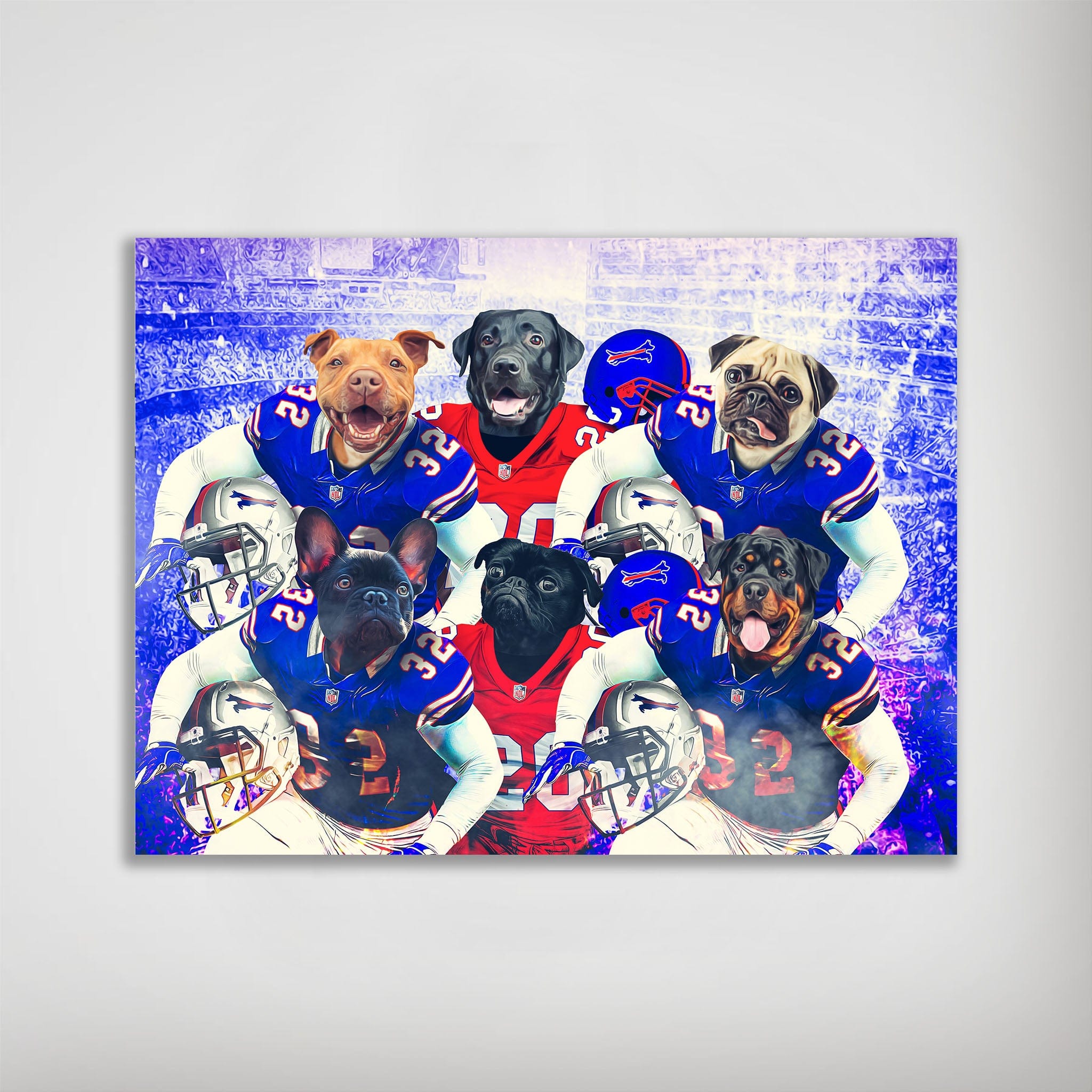 Personalized 'Buffalo Doggos' poster featuring six pets as football players in blue and red jerseys.