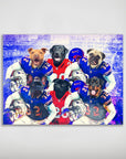Personalized 'Buffalo Doggos' poster featuring six pets as football players in blue and red jerseys.