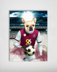 Personalized matte poster featuring a French Bulldog in a claret and blue Burnley football kit, holding a soccer ball on a field.