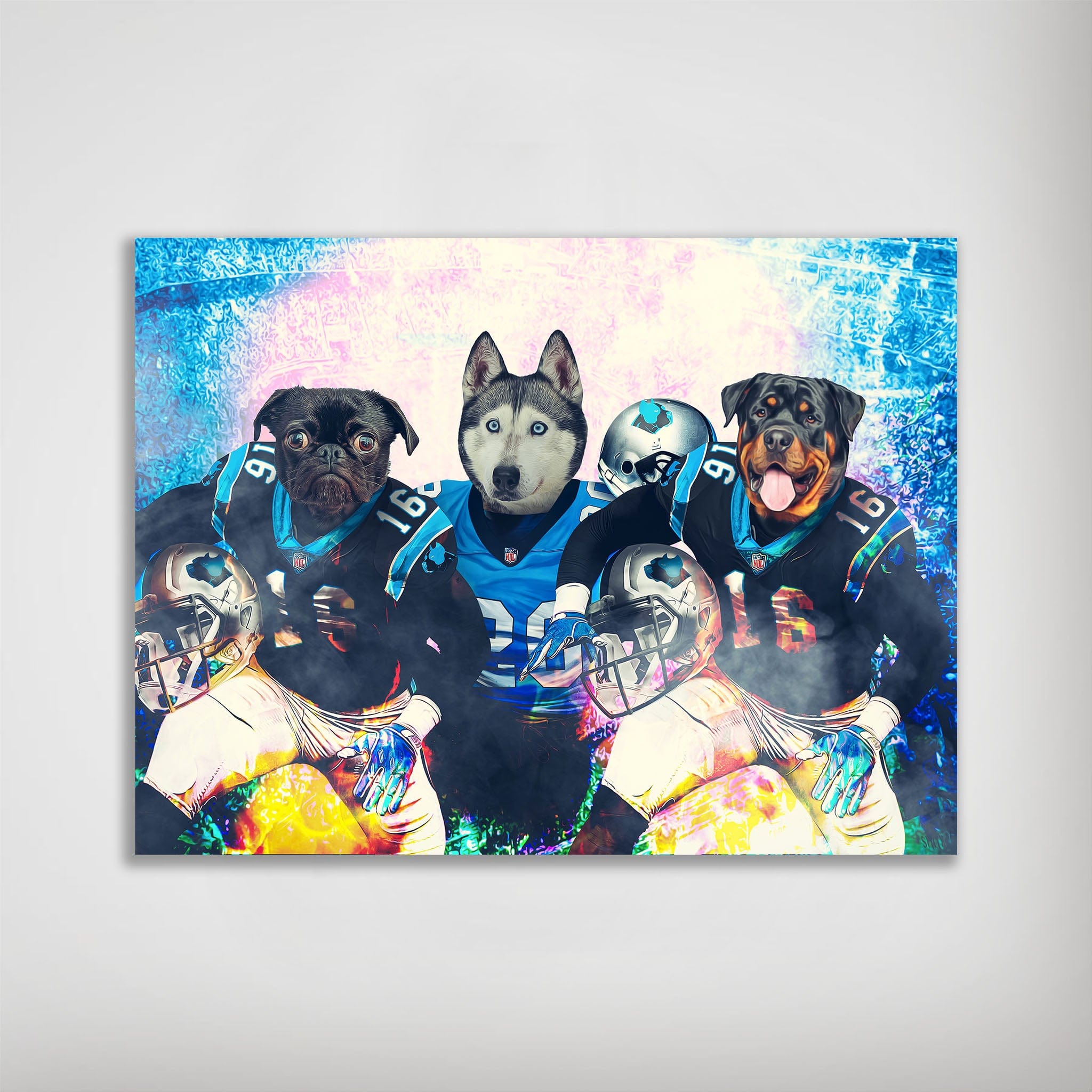 Personalized Carolina Doggos poster featuring a pug, husky, and rottweiler in football uniforms.