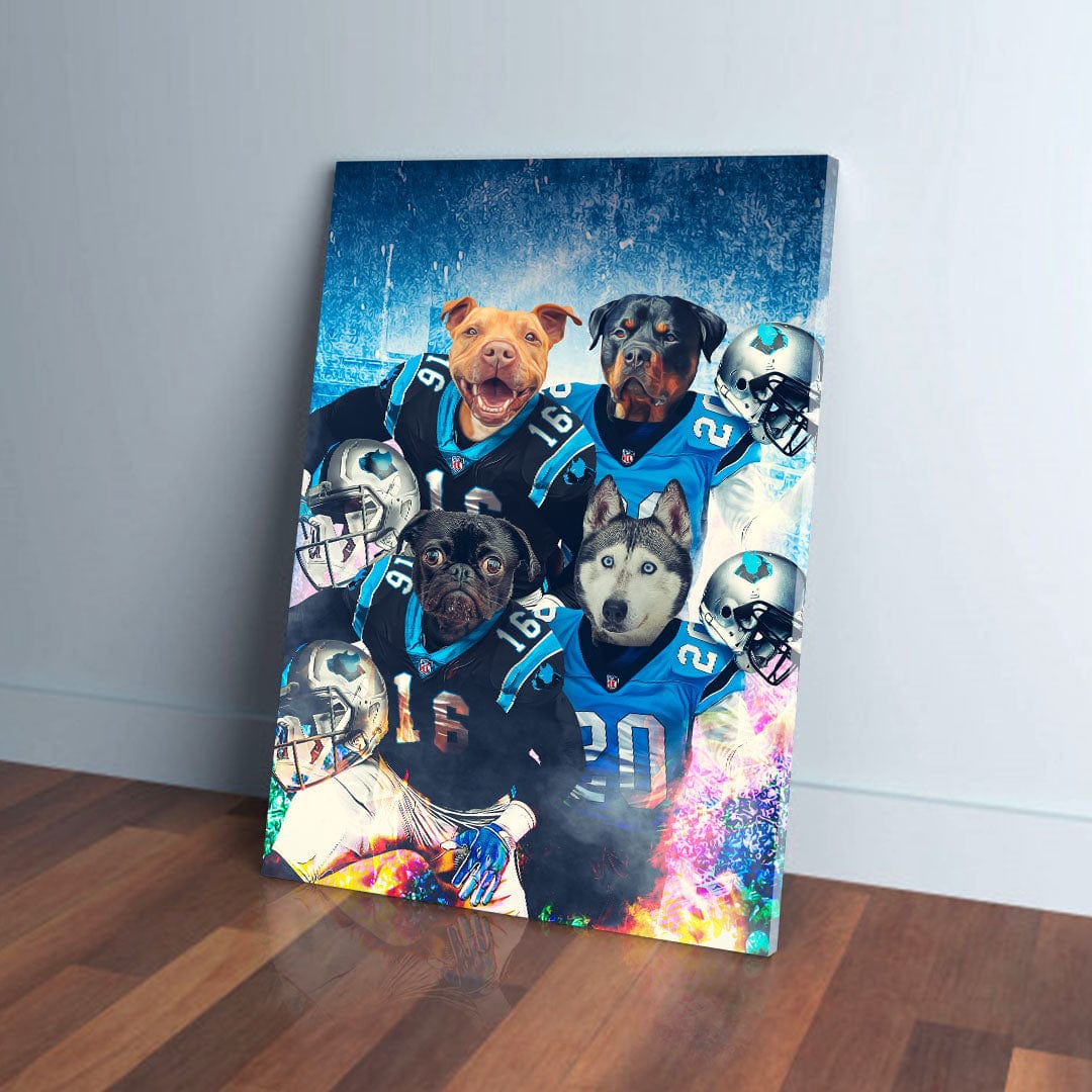 Personalized 'Carolina Doggos' canvas featuring four pets in blue football jerseys and helmets.