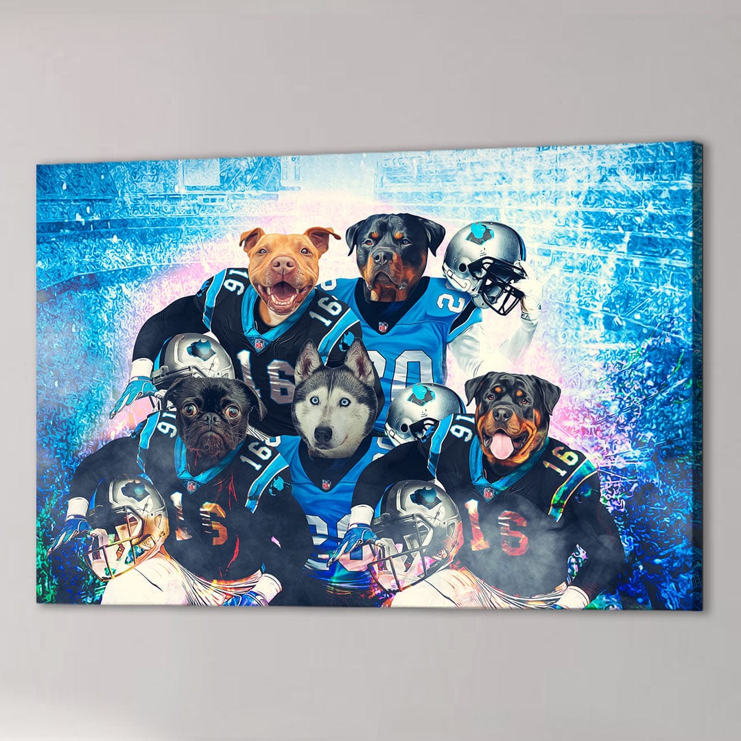 Personalized 'Carolina Doggos' canvas featuring five pets as football players in blue and black jerseys.