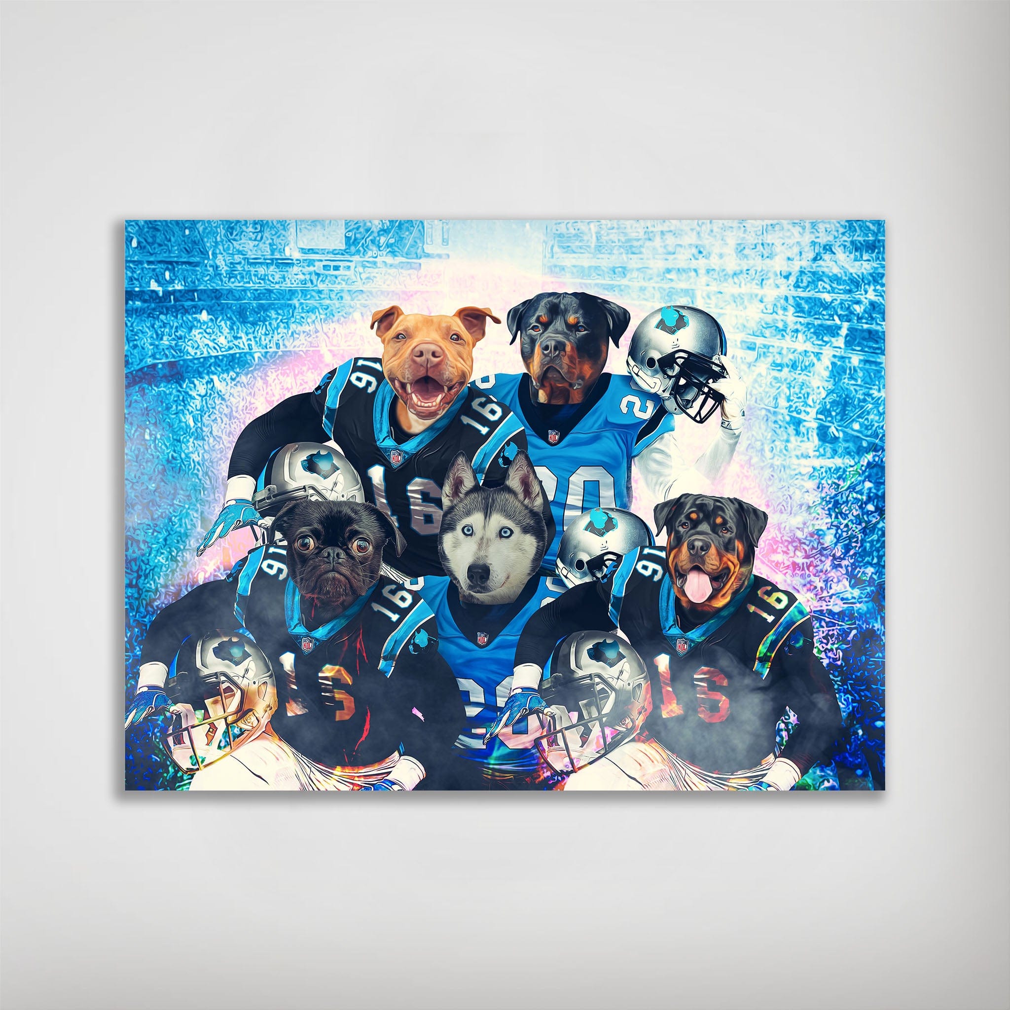 Personalized 5-pet poster featuring dogs in Carolina Panthers football jerseys with helmets.