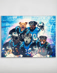 Personalized 5-pet poster featuring dogs in Carolina Panthers football jerseys with helmets.