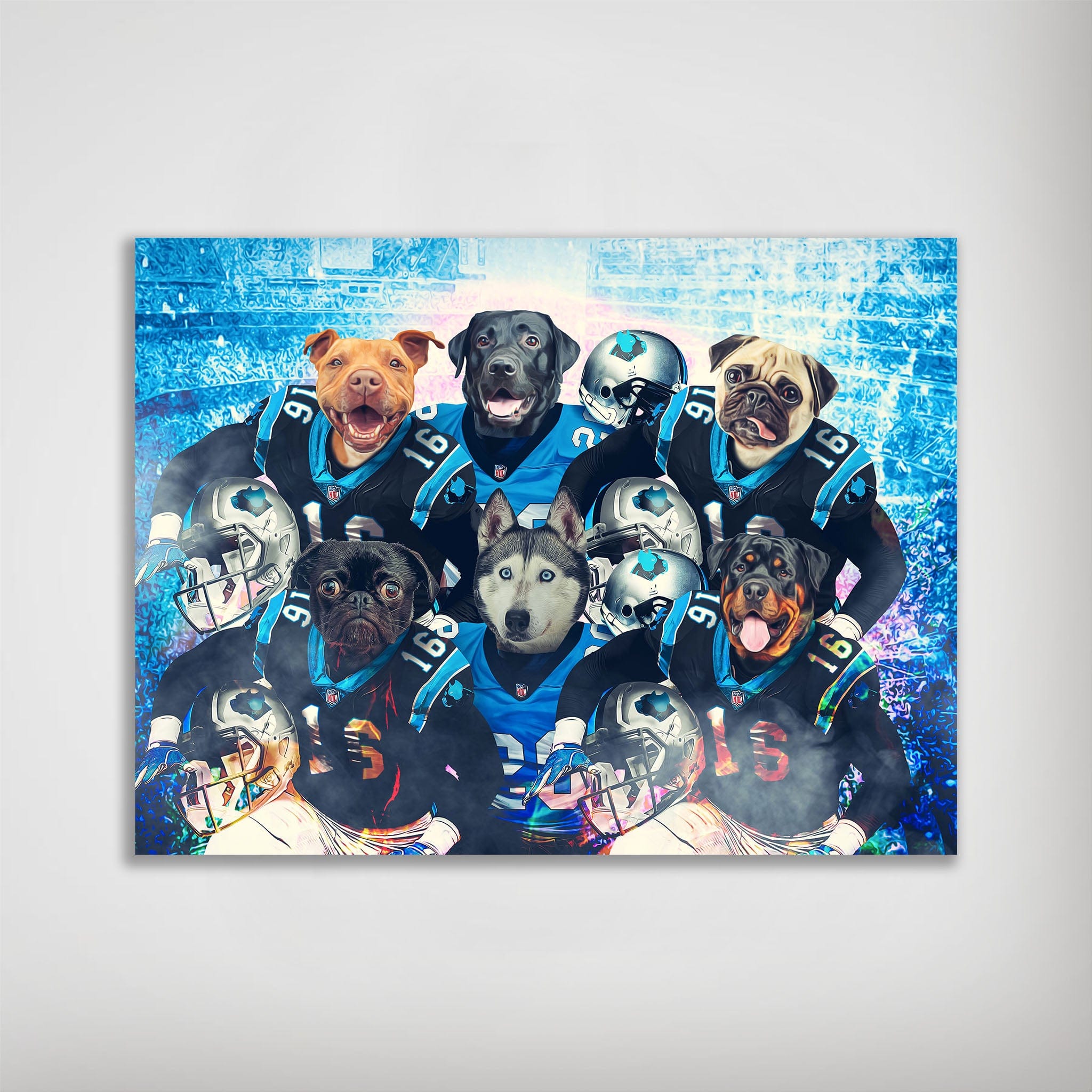 Personalized poster featuring six pets as football players in blue and black uniforms with helmets.