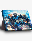 Personalized 'Carolina Doggos' standing canvas featuring 6 pets in blue football uniforms and helmets.
