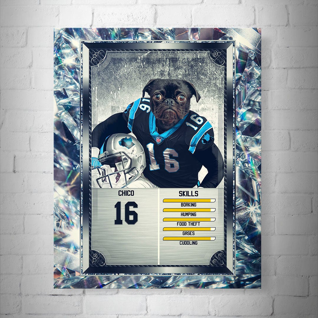 Personalized Carolina Doggos football trading card poster featuring a pug in a blue and black jersey.
