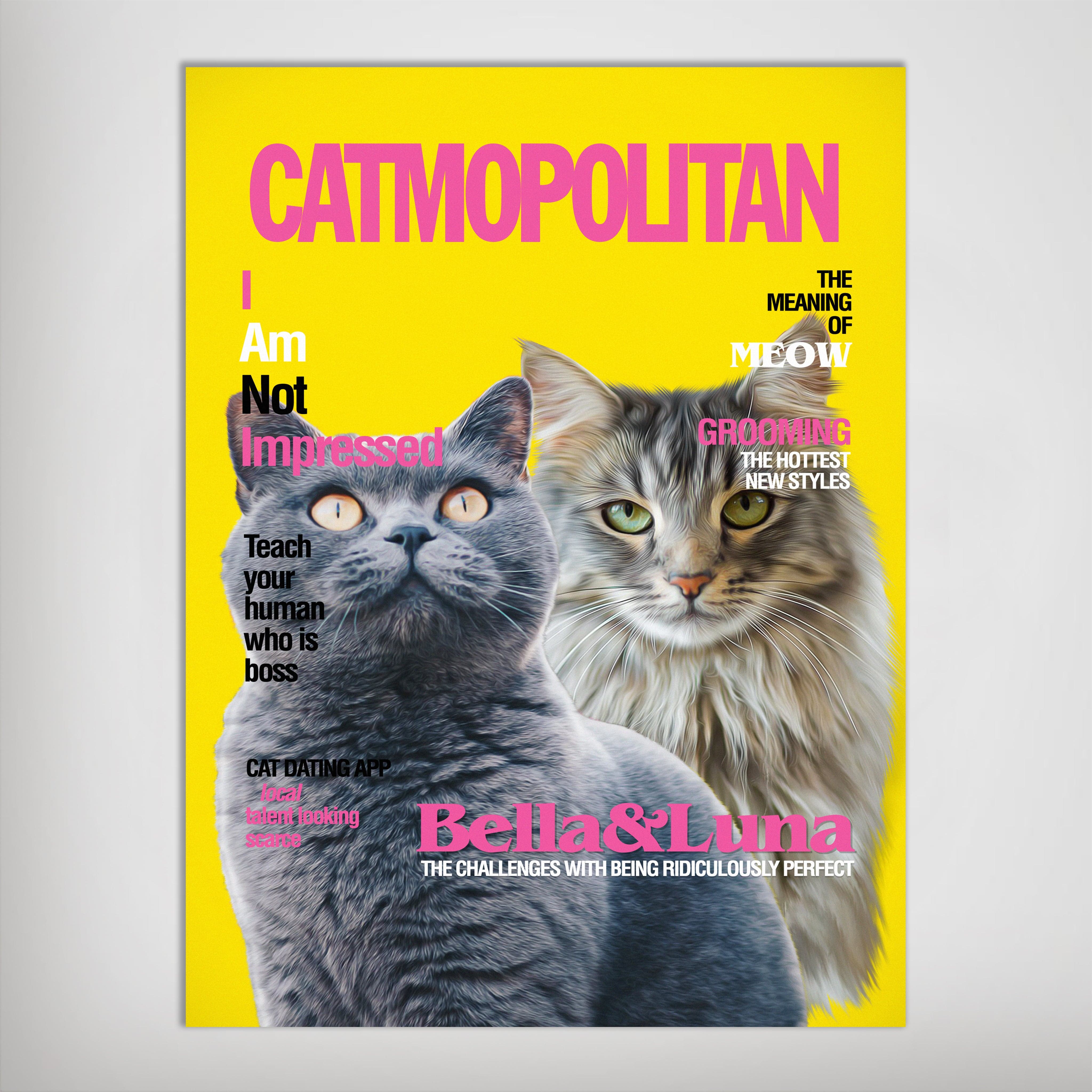 Personalized 'Catmopolitan' poster featuring two cats, Bella and Luna, on a vibrant yellow background.