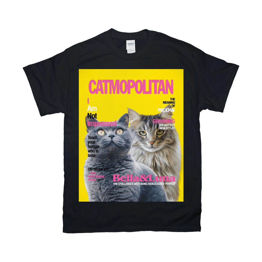 Black Gildan t-shirt with a yellow "Catmopolitan" magazine cover featuring two personalized cats.