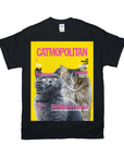 Black Gildan t-shirt with a yellow "Catmopolitan" magazine cover featuring two personalized cats.
