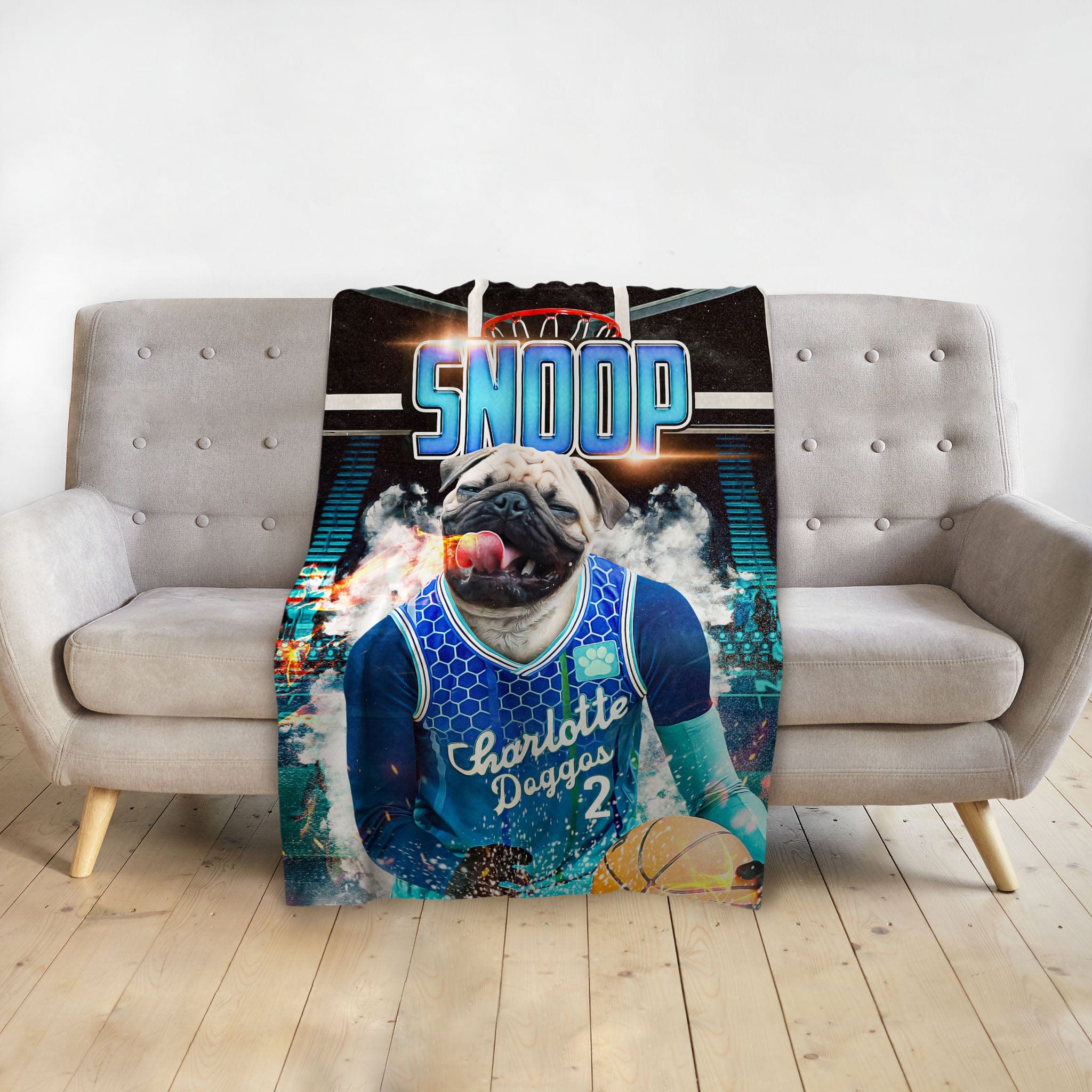 Custom personalized pet blanket with a pug in a Charlotte Doggos basketball jersey.