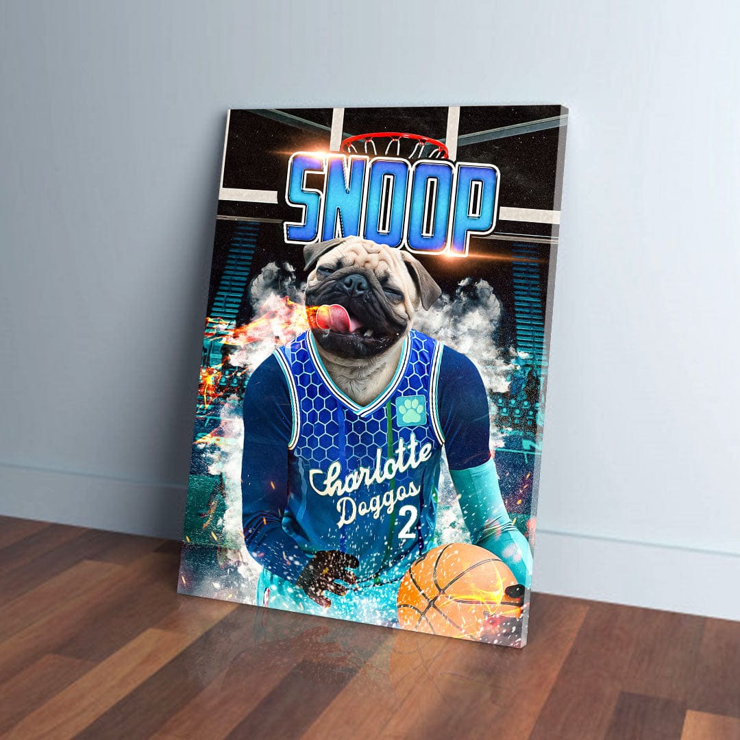 Personalized pet canvas featuring a pug in a blue Charlotte Doggos basketball jersey holding a ball.