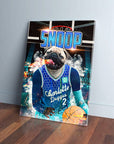 Personalized pet canvas featuring a pug in a blue Charlotte Doggos basketball jersey holding a ball.