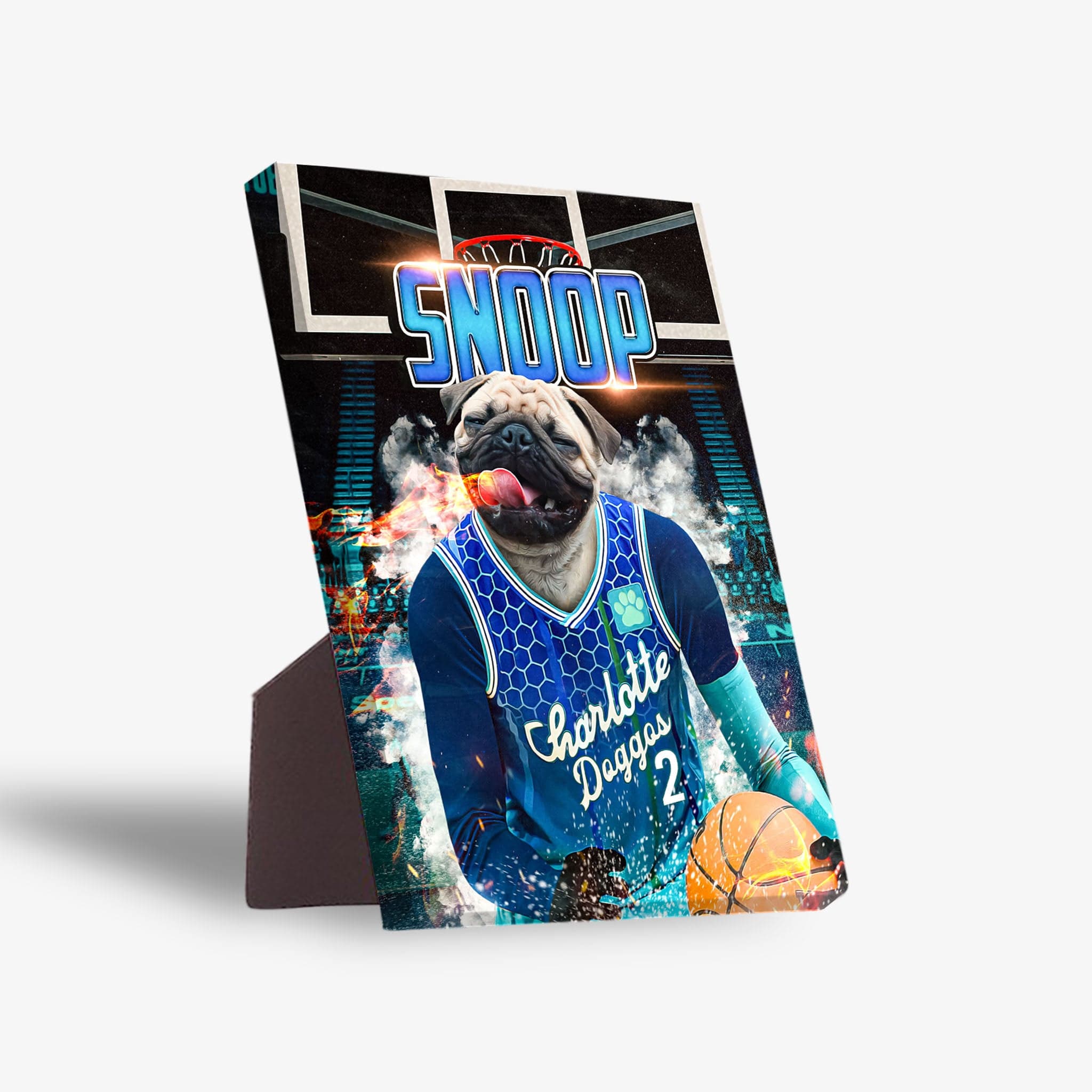 Personalized Charlotte Hornets Doggos standing canvas featuring a pug in a blue basketball jersey.