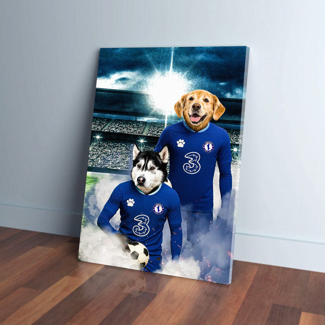 Personalized canvas with two pets as Chelsea football players in blue jerseys on a stadium field.