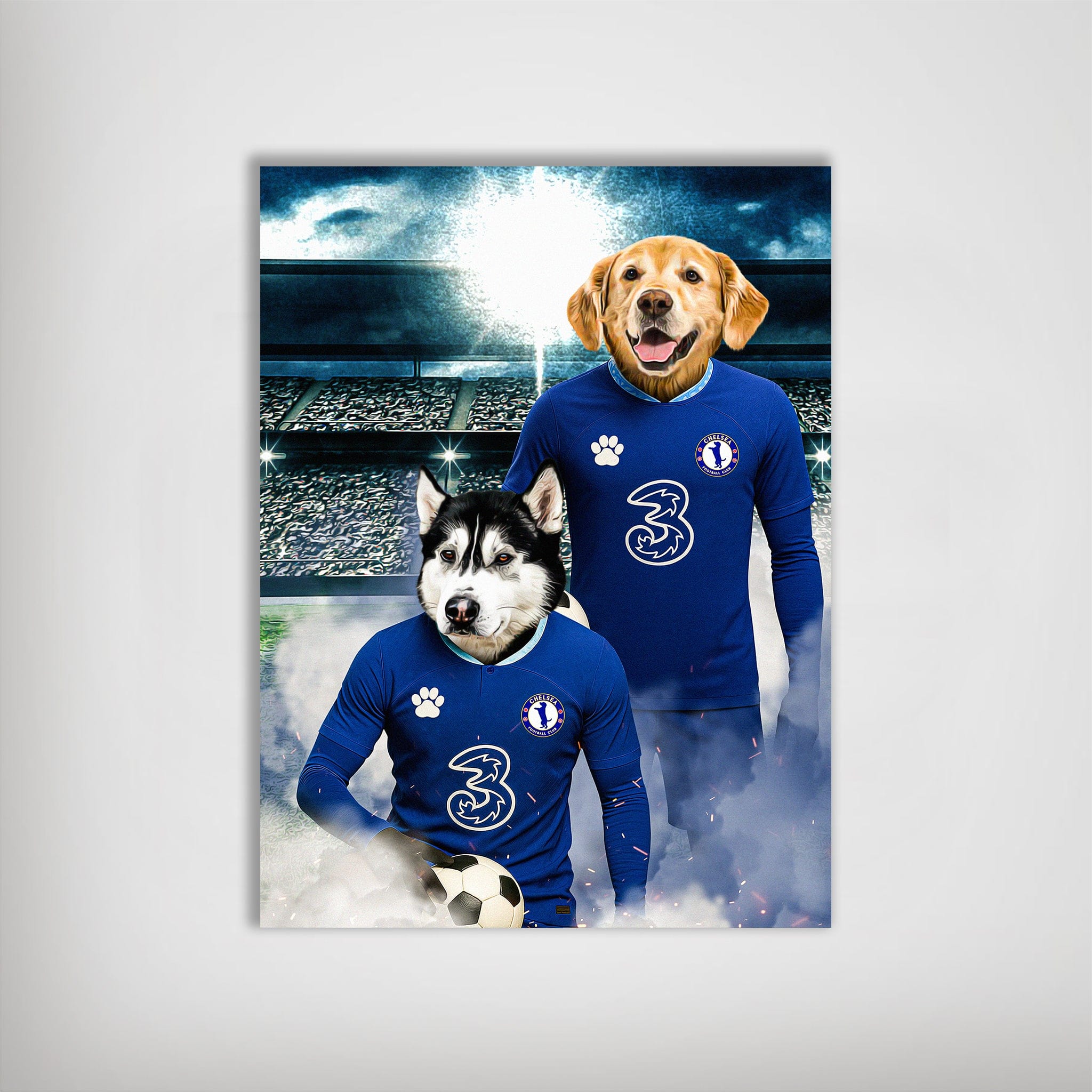 Personalized Chelsea Doggos Football poster featuring a husky and golden retriever in blue jerseys.