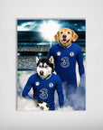 Personalized Chelsea Doggos Football poster featuring a husky and golden retriever in blue jerseys.
