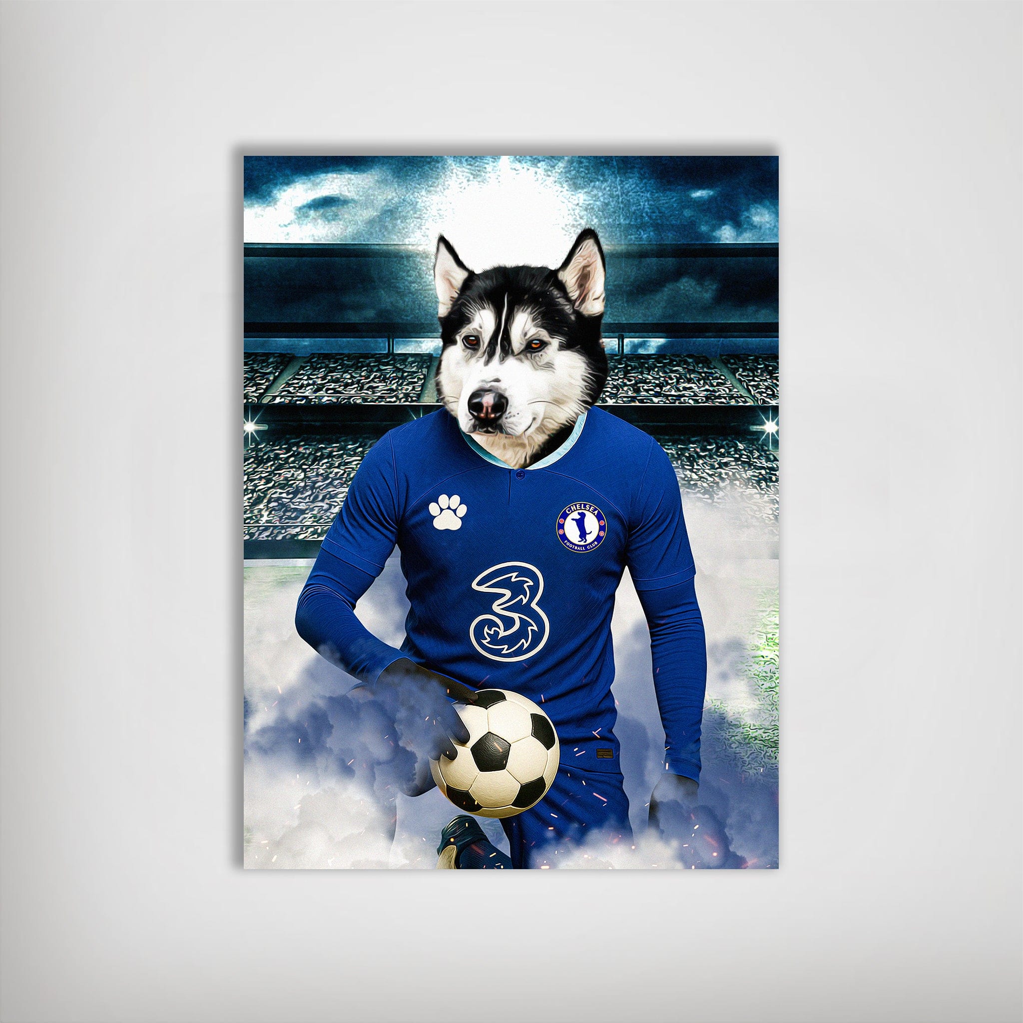 Personalized Chelsea Doggos Football poster featuring a husky in a blue jersey holding a soccer ball.