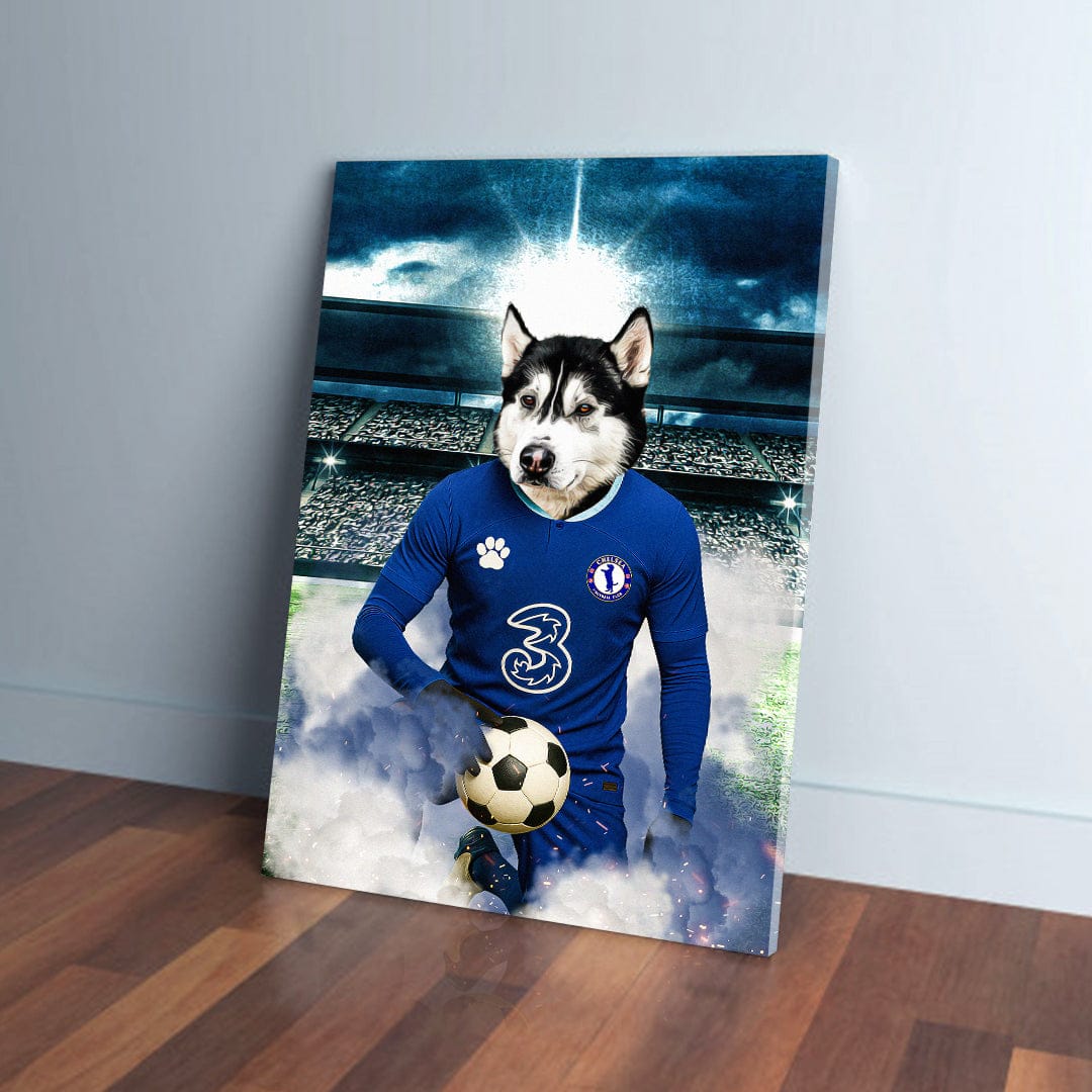 Personalized husky pet canvas in a blue Chelsea football kit, holding a soccer ball on a field.