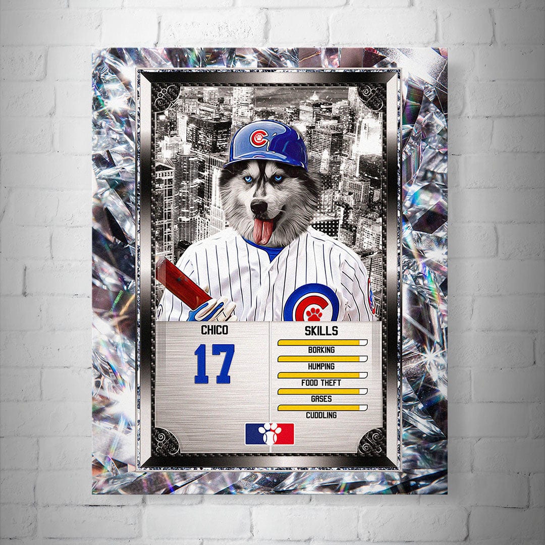 Personalized Chicago Cubs pet baseball trading card poster featuring a husky, number 17, with skill levels.