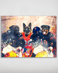Personalized Chicago Doggos poster featuring three pets as football players in navy and orange jerseys.