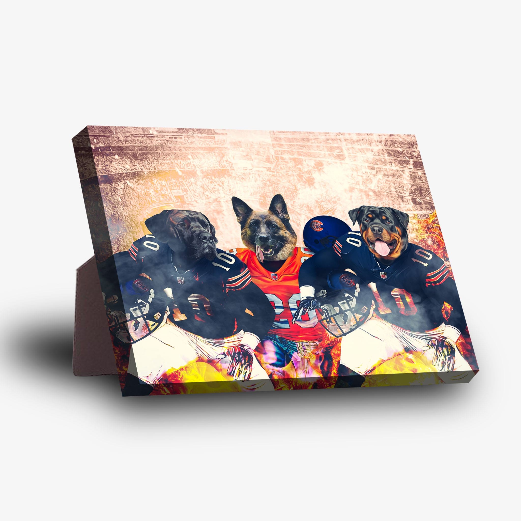 Personalized Chicago Doggos standing canvas featuring three pets in football jerseys with a stadium background.