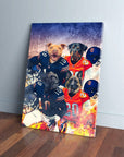 Personalized "Chicago Doggos" 4-pet canvas featuring dogs in football jerseys and helmets.