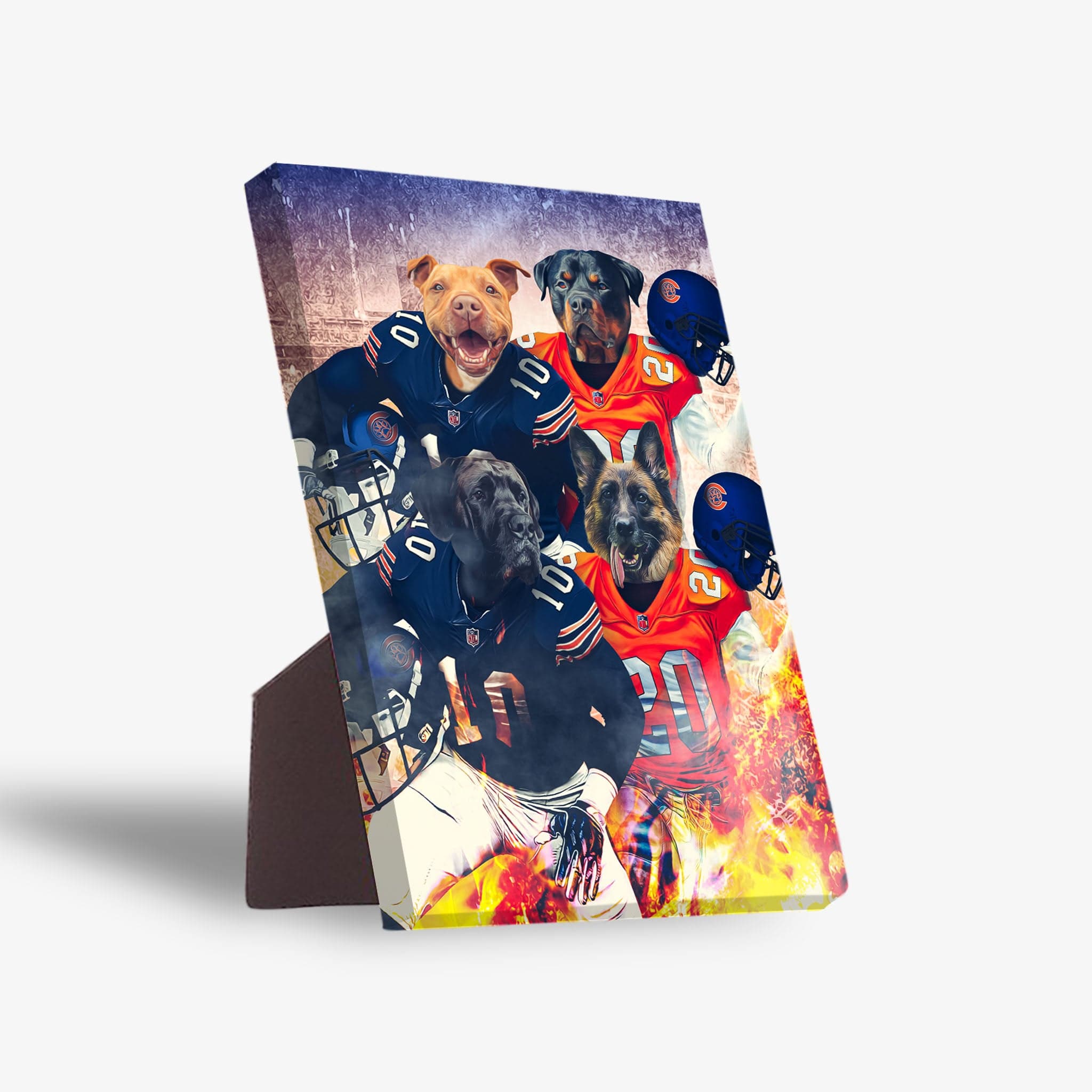 Personalized 'Chicago Doggos' standing canvas featuring four pets in football uniforms, with a fiery background.