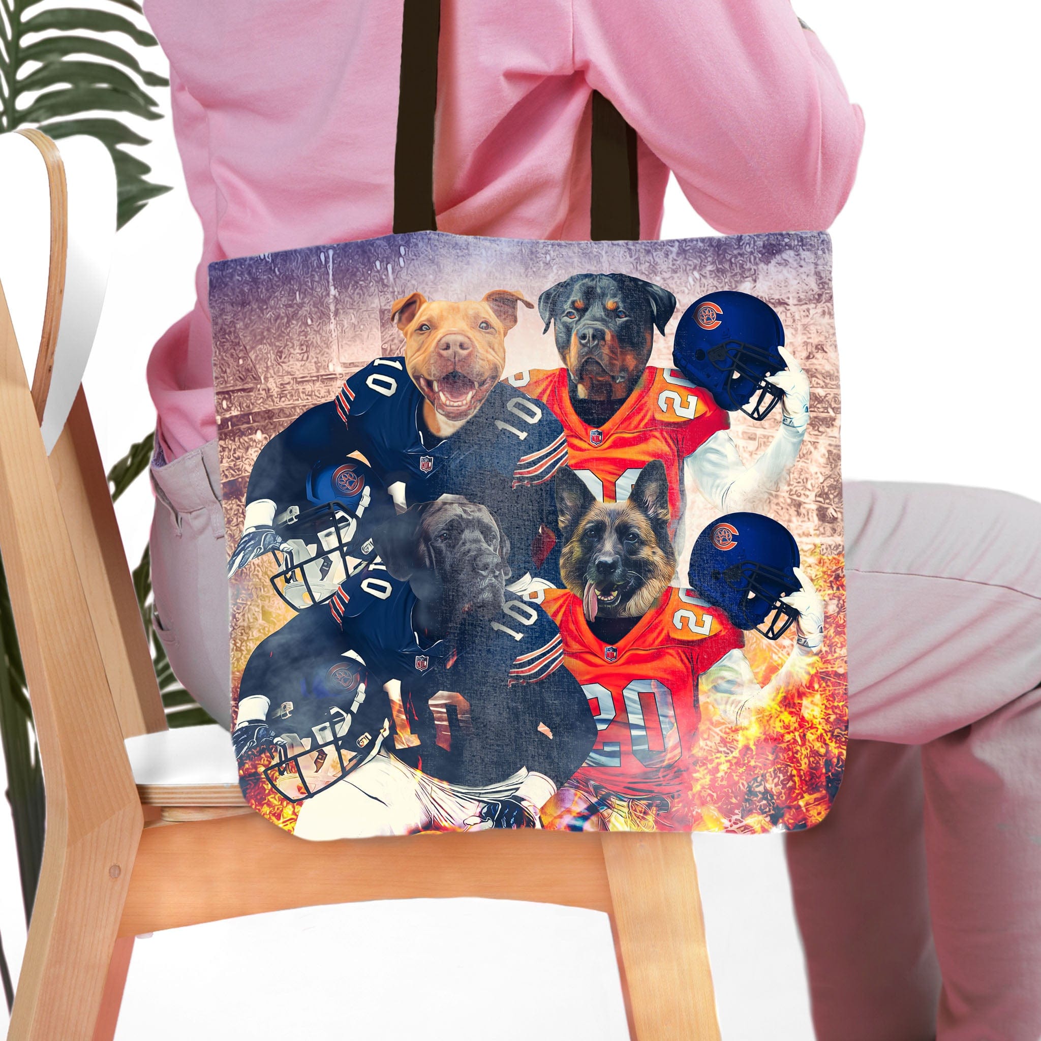 Personalized 4-pet tote bag with dogs in Chicago Bears football uniforms.