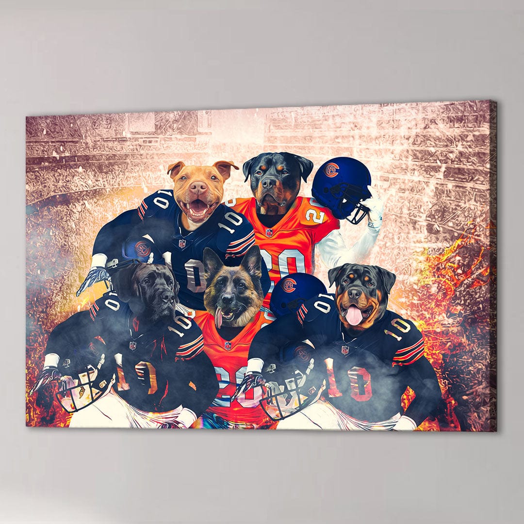 Personalized 5-pet canvas featuring dogs in Chicago Doggos football uniforms on a stadium background.