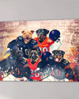 Personalized 5-pet canvas featuring dogs in Chicago Doggos football uniforms on a stadium background.