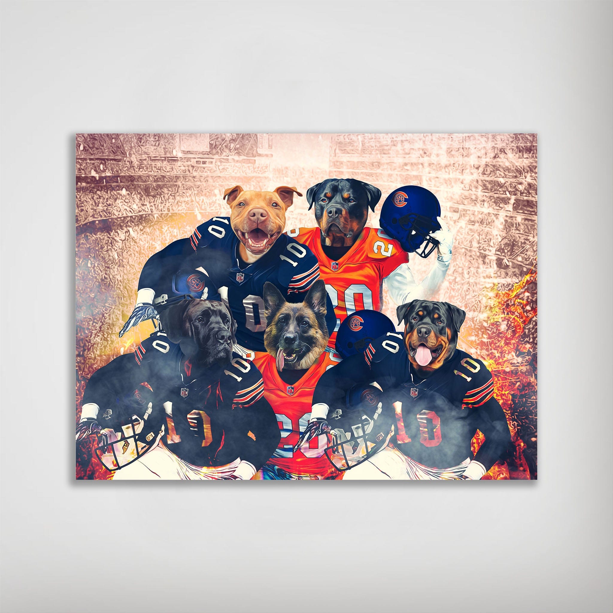 Personalized 5-pet poster featuring dogs in Chicago Bears football uniforms against a stadium backdrop.