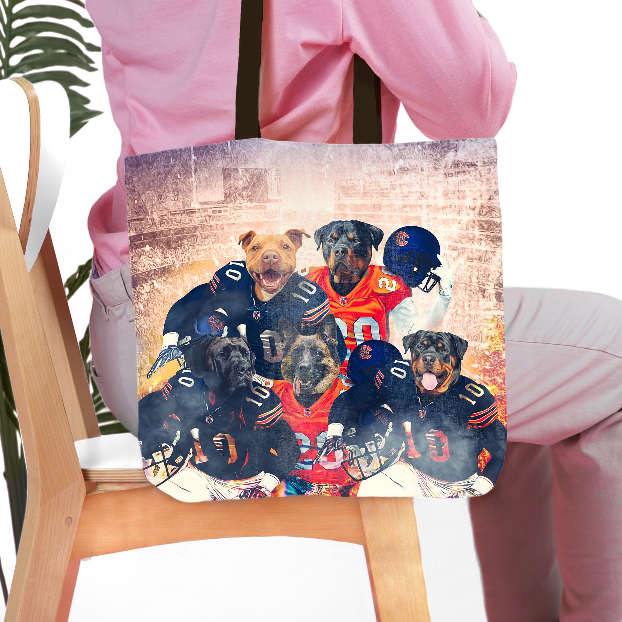 Personalized 5-pet portrait tote bag featuring dogs in football uniforms against a stadium backdrop.