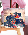Personalized 5-pet portrait tote bag featuring dogs in football uniforms against a stadium backdrop.