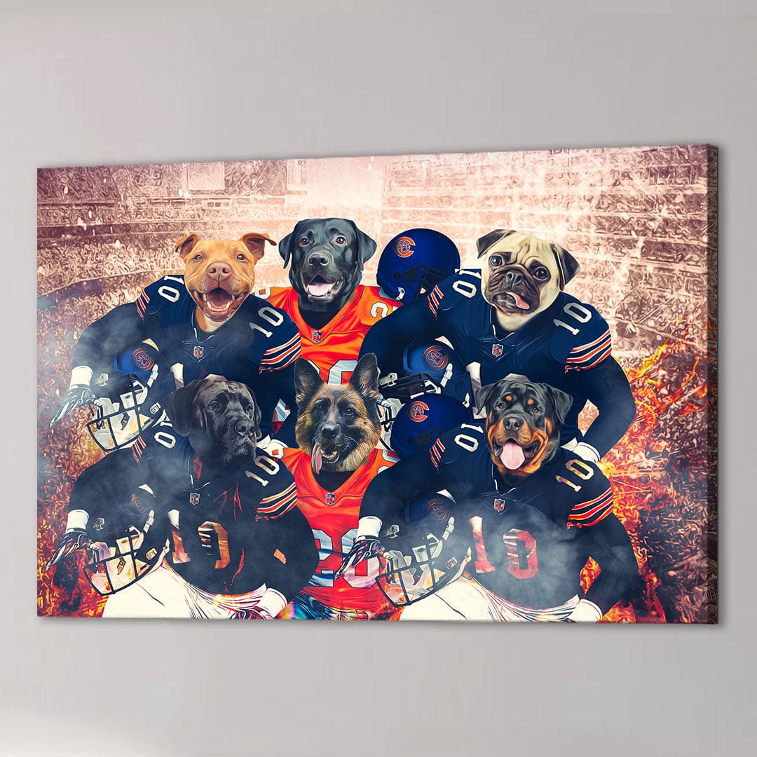 Personalized 6-pet canvas featuring dogs in Chicago Bears football uniforms against a stadium backdrop.