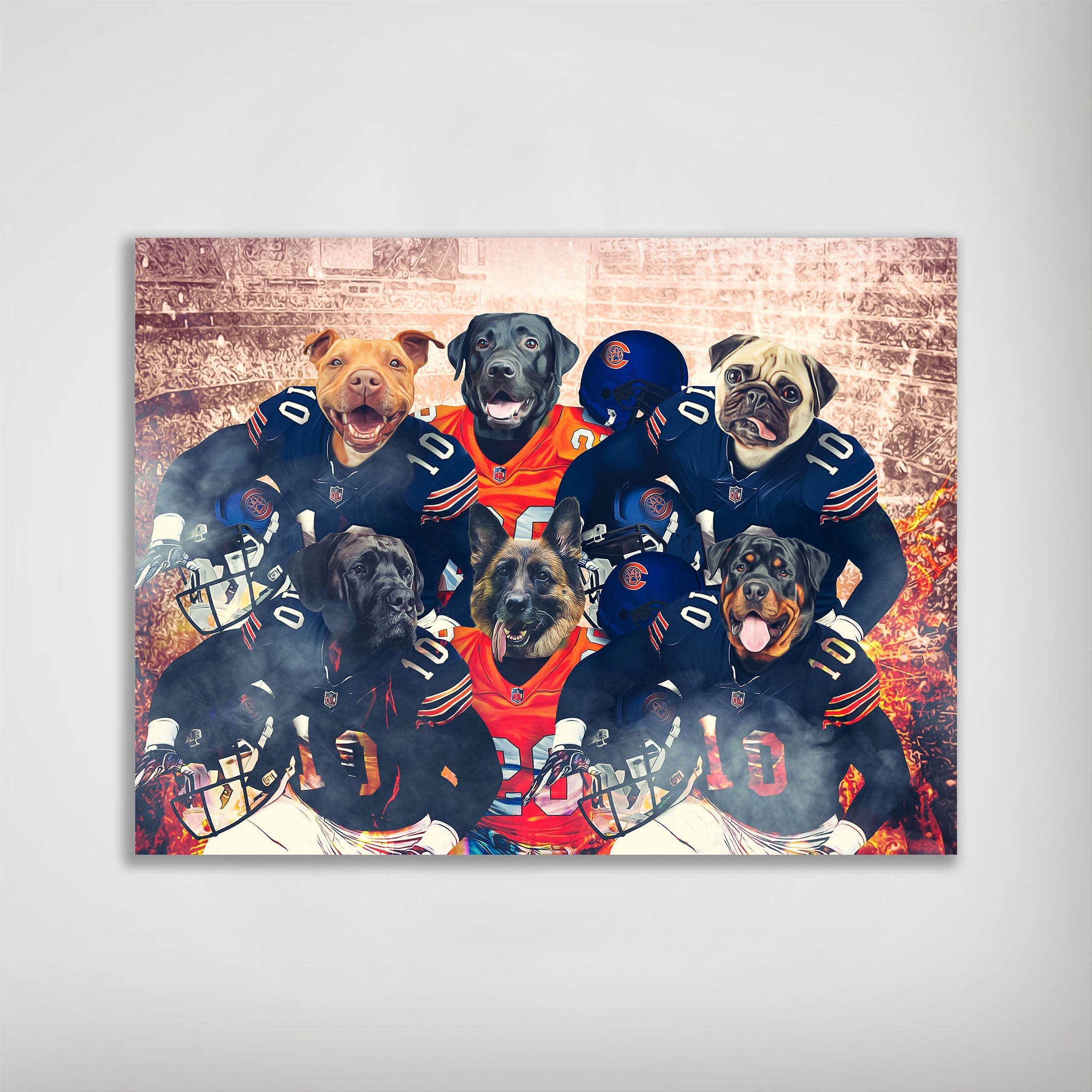 Personalized 6-pet poster featuring dogs in Chicago Bears football uniforms against a stadium backdrop.