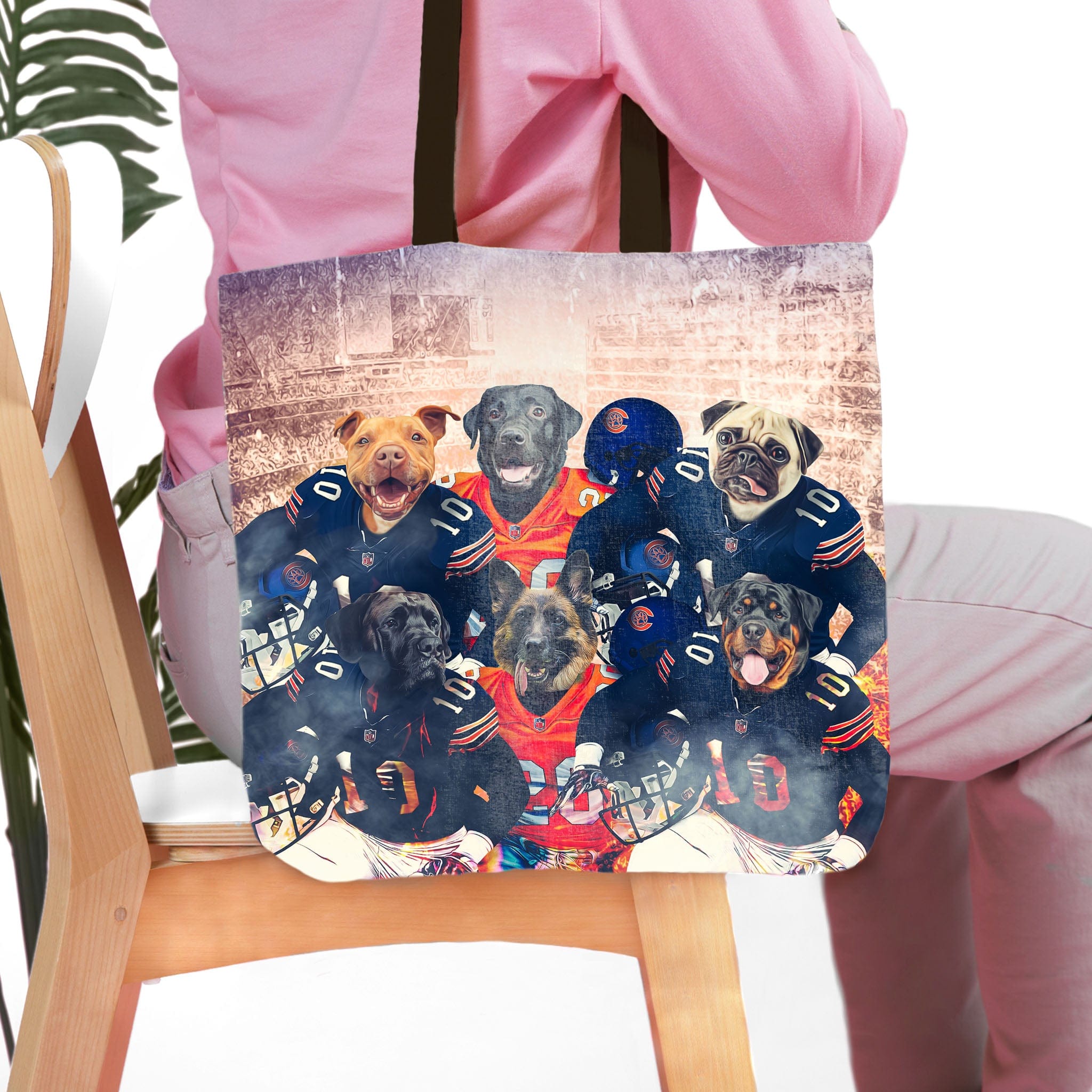 Personalized 6-pet Chicago Doggos football team portrait tote bag with various dog breeds.
