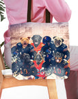 Personalized 6-pet Chicago Doggos football team portrait tote bag with various dog breeds.