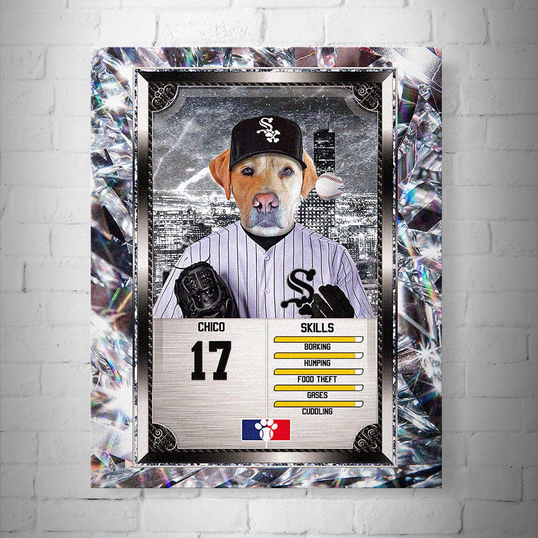 Personalized Chicago White Paws pet baseball trading card poster featuring a dog in a White Sox uniform.