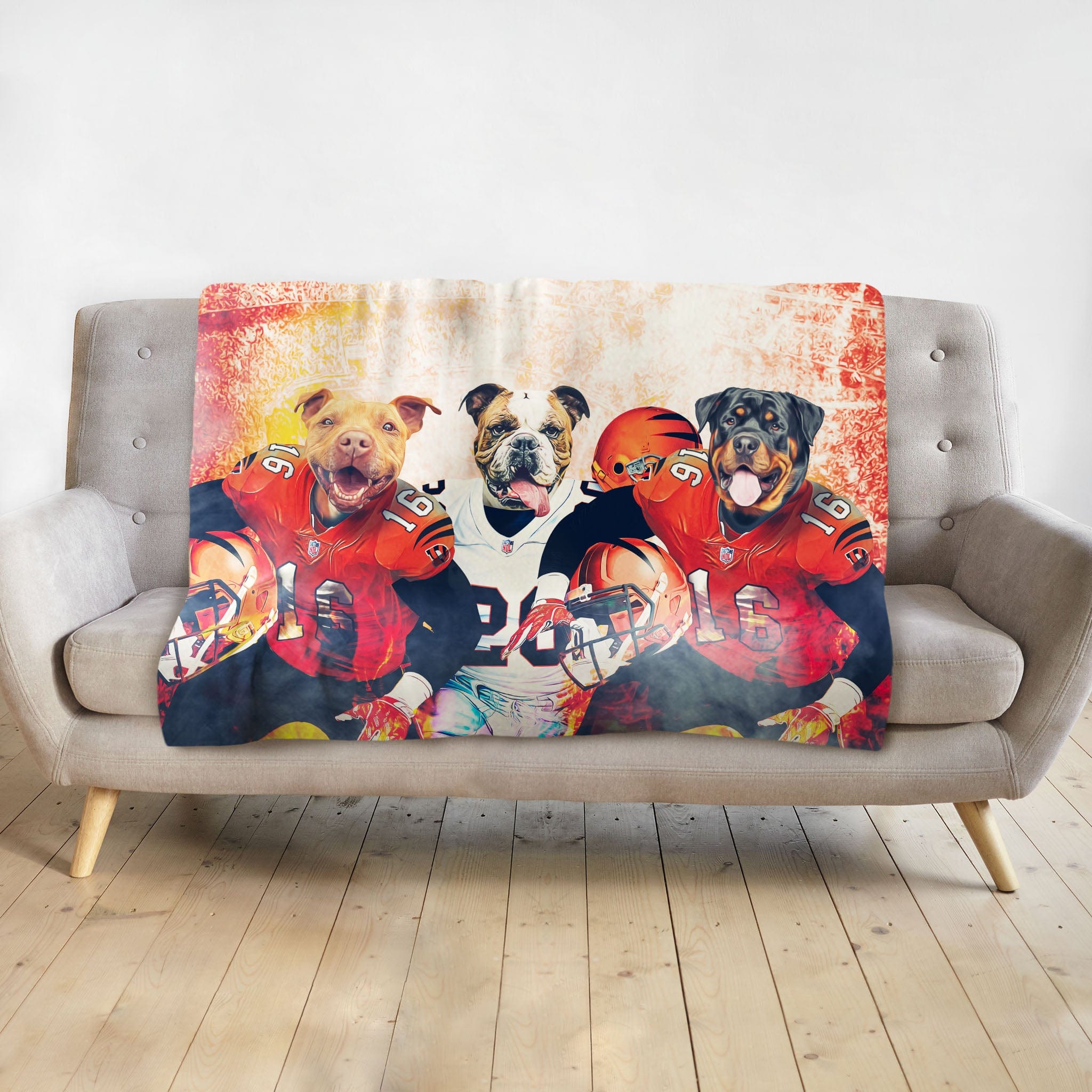 Custom personalized blanket with three pet dogs as football players in red and white jerseys.