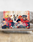 Custom personalized blanket with three pet dogs as football players in red and white jerseys.